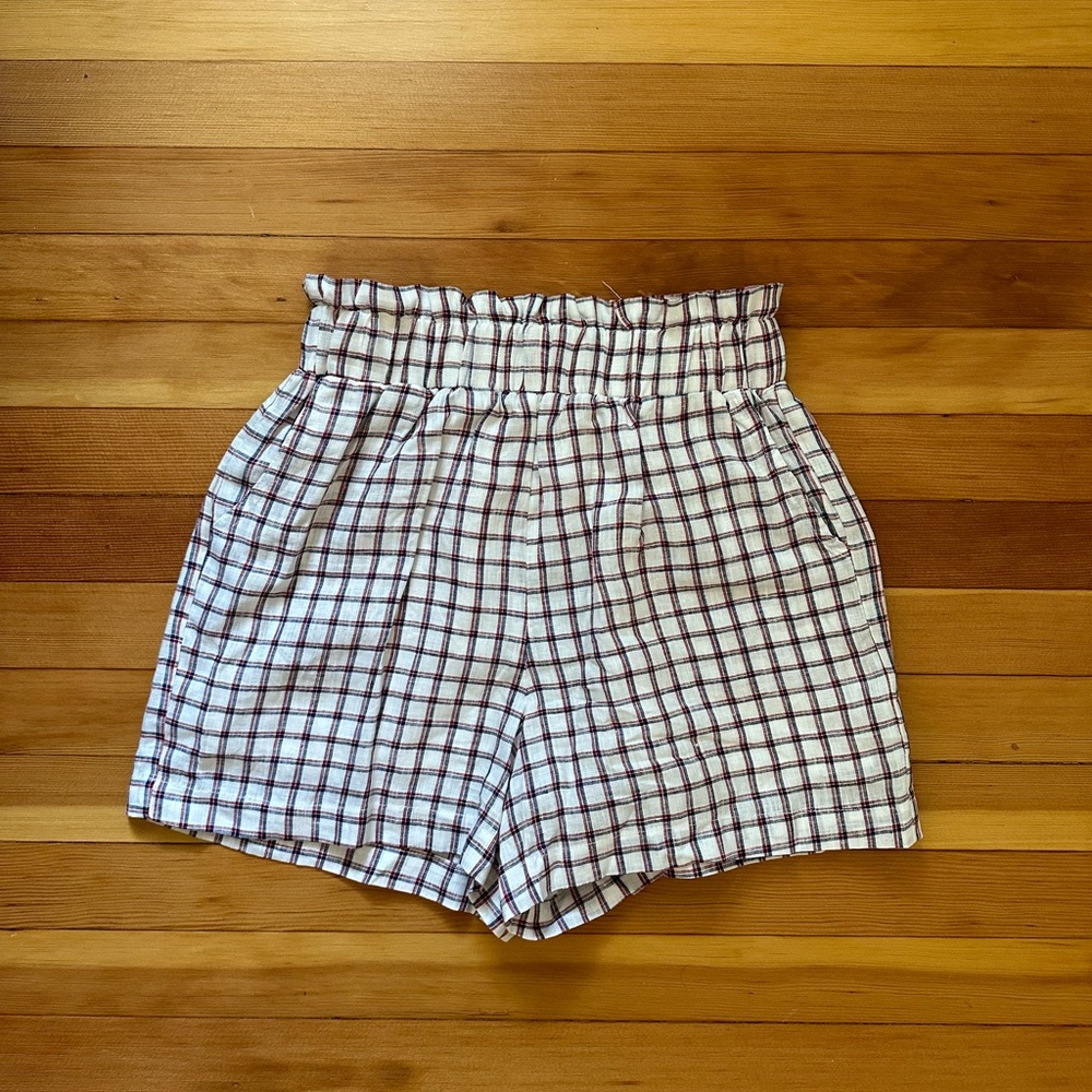 Mo:Vint New York Red White & Blue Windowpane Paper Bag Shorts